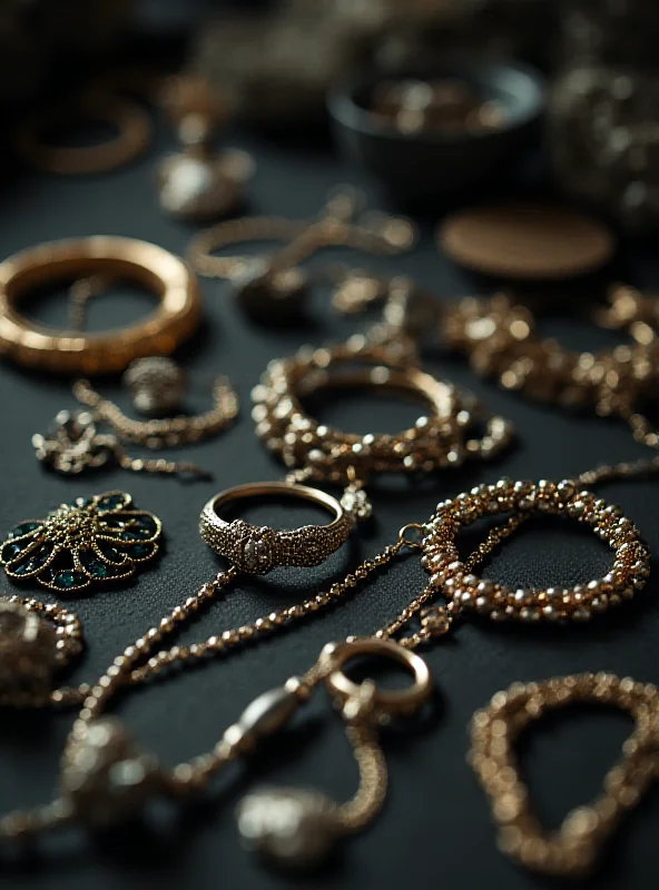 Close-up image of various pieces of jewelry laid out on a table