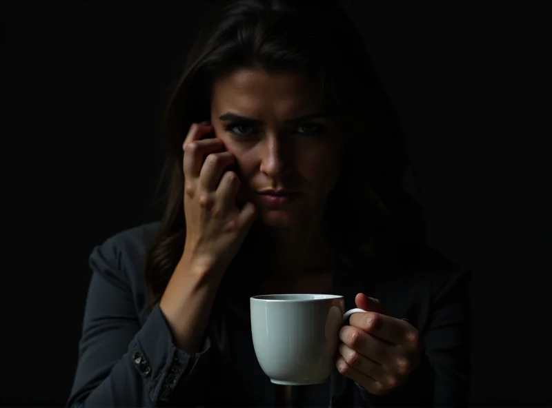 A dramatic stage scene from Maryša, showing a woman looking distraught while holding a cup of coffee, lit with intense theatrical lighting.