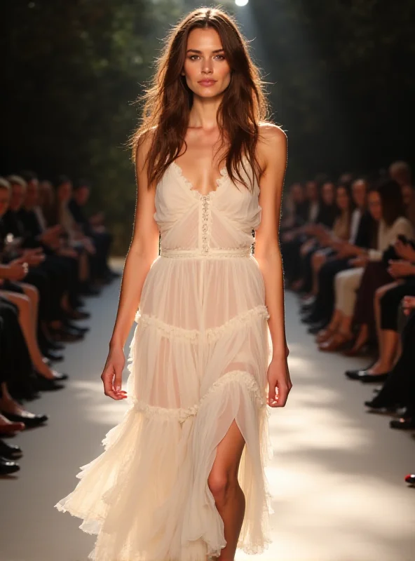 A model walking the runway at the Chloé fashion show in Paris, wearing a flowing boho-chic dress with ruffles and ballet flats.