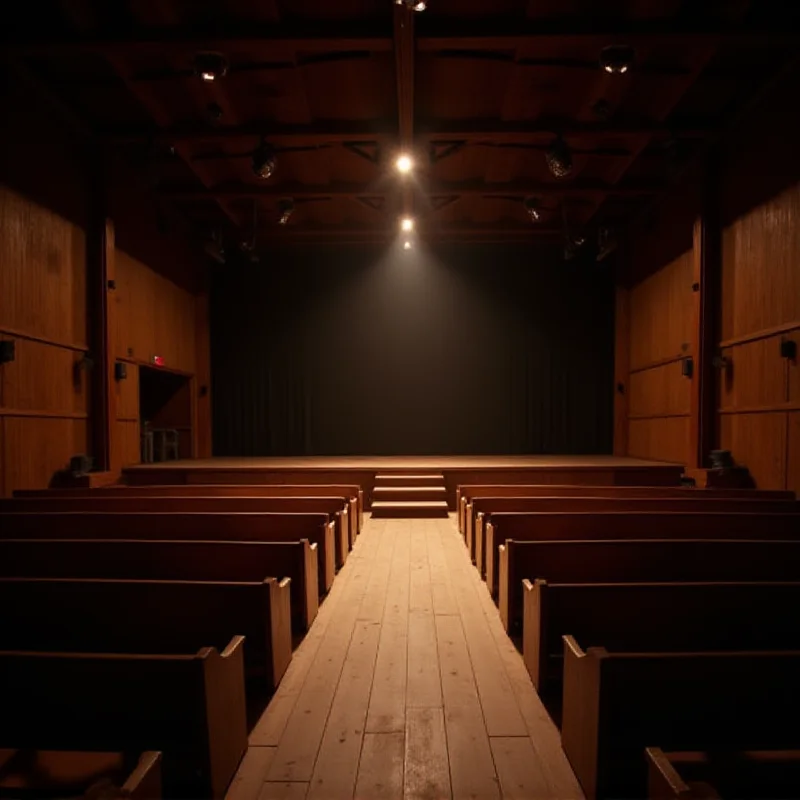 A simple, rustic church hall with wooden benches and a small stage area, suggesting a community theatre production.