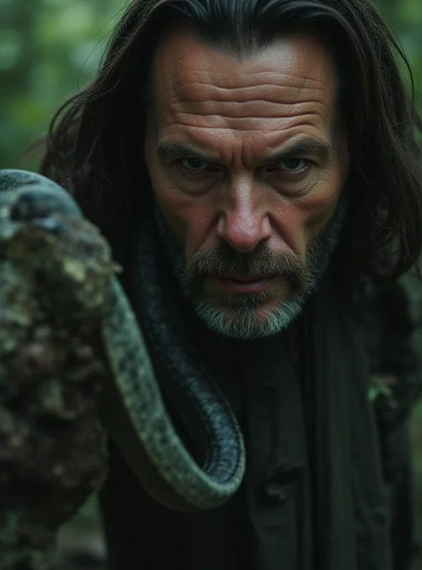 Walton Goggins in a scene from The White Lotus, looking concerned with a snake nearby.