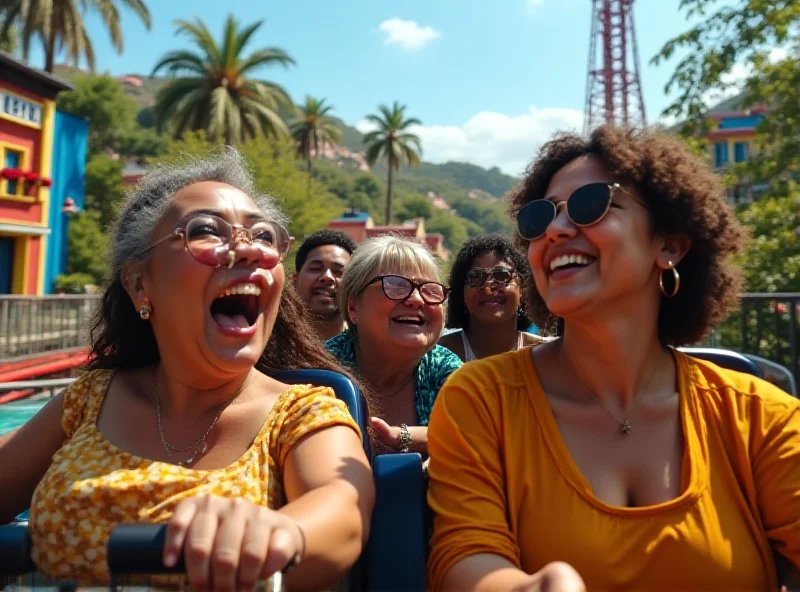 A diverse group of people enjoying a theme park, with a focus on inclusivity and accessibility.