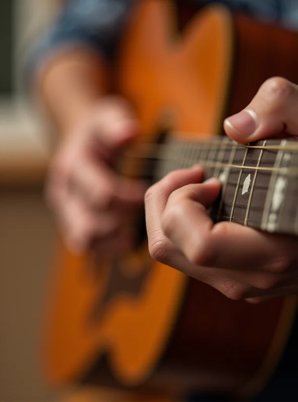 A person playing an acoustic guitar, close up on their hands and the fretboard.