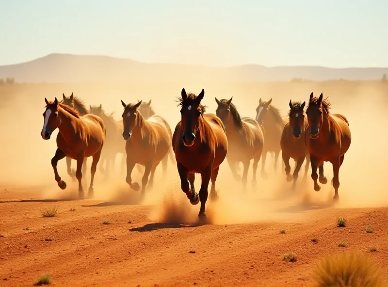 Wild horses running across a dry, dusty landscape in Australia