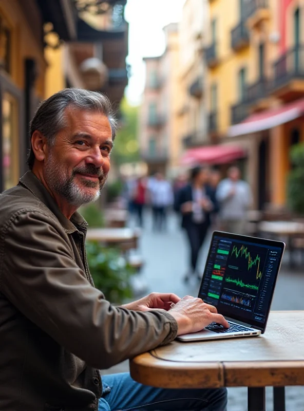 An expat working on a laptop in a foreign country.