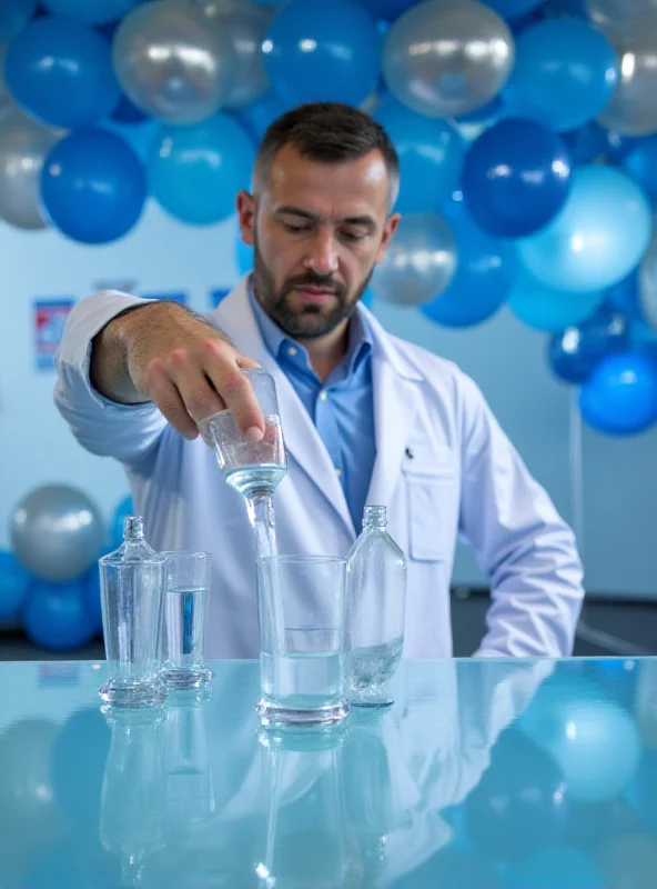 A professional tap water taster carefully examining a glass of water at a competition, with blue and white decorations in the background.