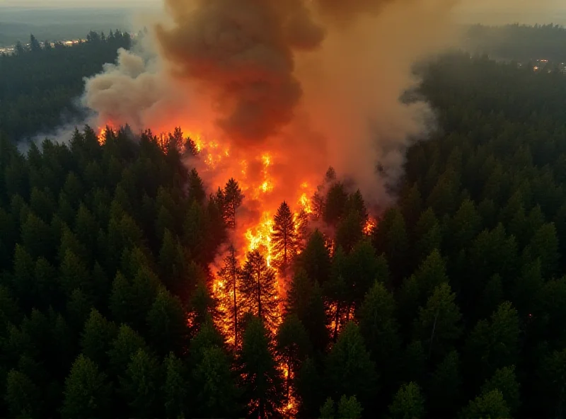 A dramatic aerial view of a forest fire in the Czech Republic, showing firefighters battling the flames with smoke billowing into the sky.