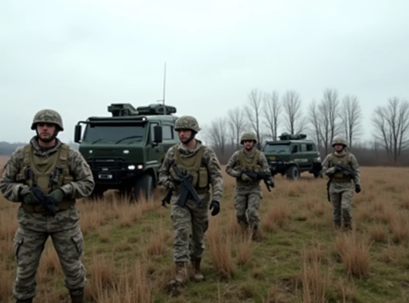 Military equipment and soldiers in Ukraine, symbolizing European support.