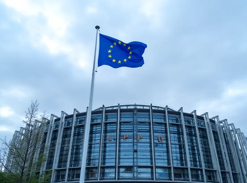 EU flag waving in front of the European Parliament building in Brussels.