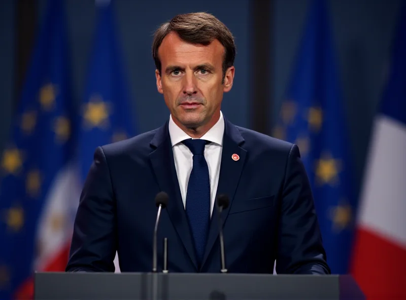 Emmanuel Macron giving a speech at a podium with EU flags in the background.