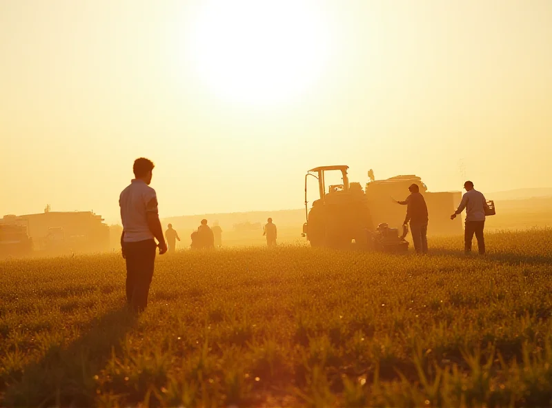 Farmers working in a field in Egypt, with modern agricultural equipment and infrastructure in the background. The scene conveys a sense of progress and collaboration between Egypt and the EU.