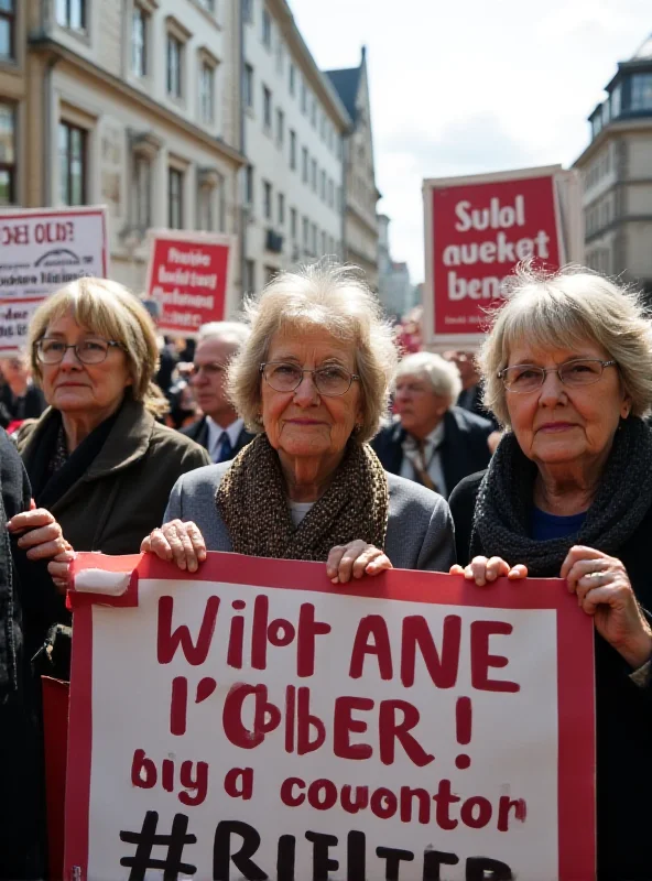 A group of elderly women holding signs and banners at a political demonstration in Darmstadt, Germany. The signs are in German and express opposition to right-wing ideologies. The women are diverse and determined, reflecting their active participation in political discourse.