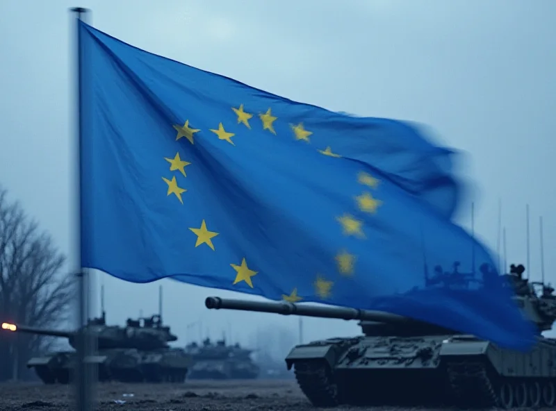 European Union flag with military equipment in the background