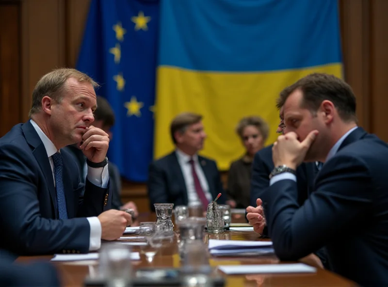 A group of European politicians looking confused and concerned during a meeting, with the Ukrainian flag subtly in the background.