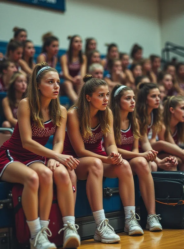 A disappointed group of young cheerleaders sitting on bleachers, looking dejected, with suitcases next to them.