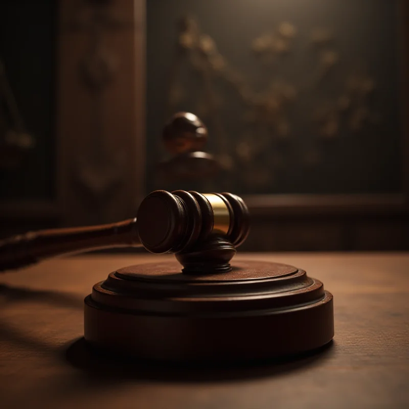 A gavel resting on a sound block, symbolizing legal proceedings. The background is blurred and suggests a courtroom setting.