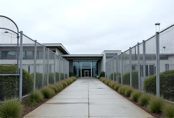 Exterior of a modern detention center with security fences.