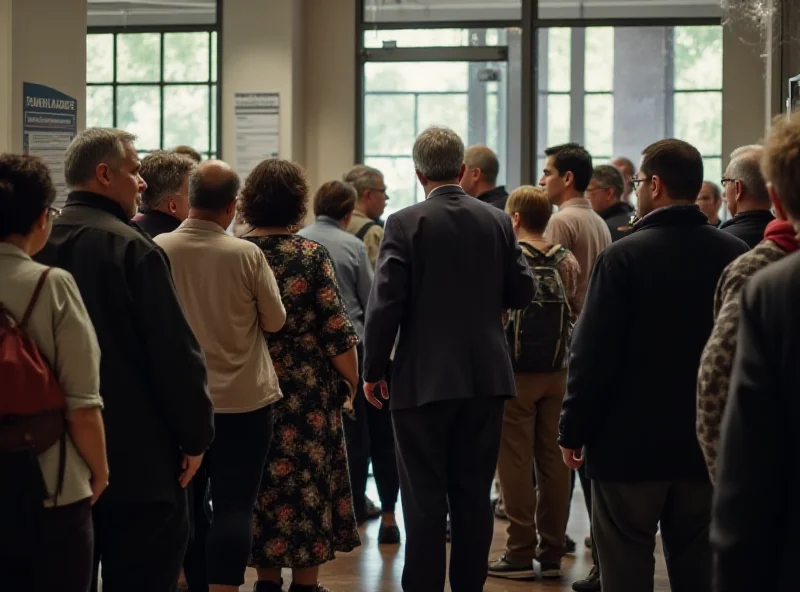 People queueing at a local government office to collect documents.