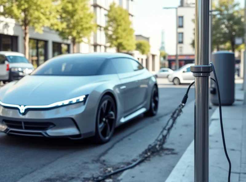 A modern electric car charging at a public charging station in a European city.