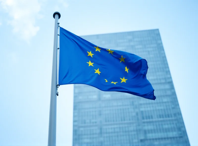 European Union flag waving in front of the Berlaymont building in Brussels