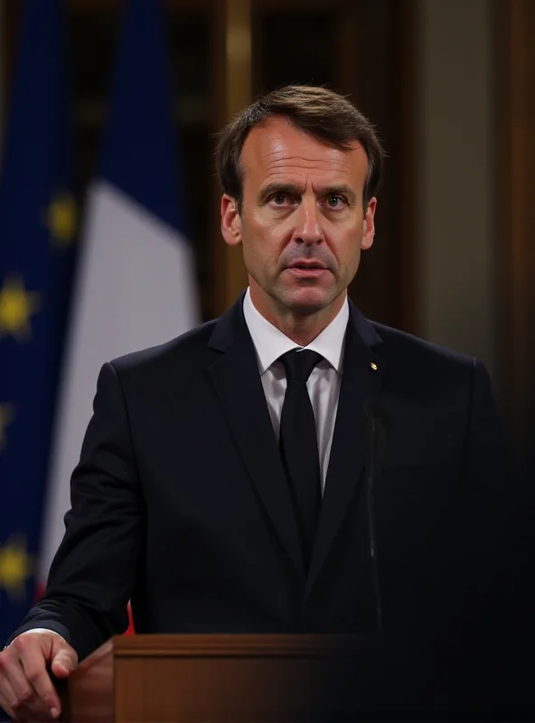 Emmanuel Macron giving a speech at a podium with the French flag in the background