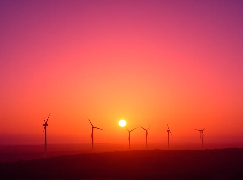 A wind farm at sunset, symbolizing renewable energy and the EU's goals for energy independence.