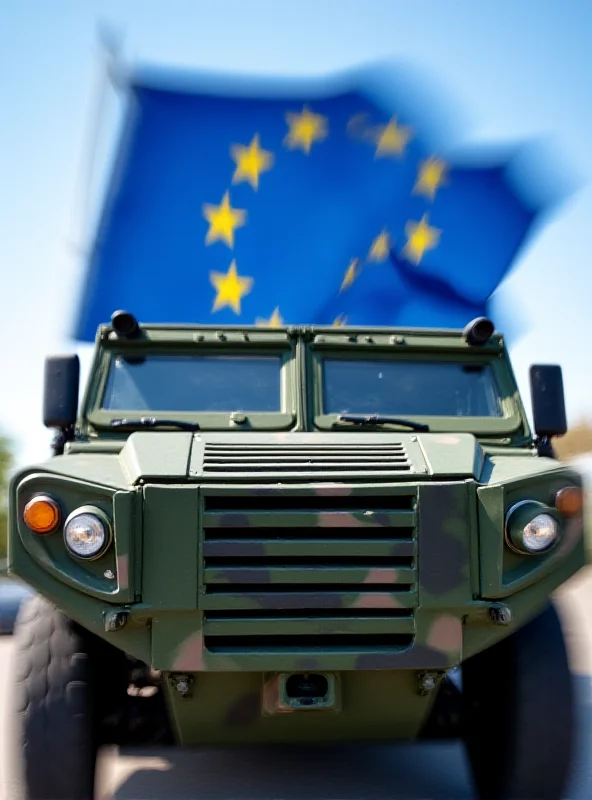 A European flag waving in front of a modern military vehicle, symbolizing increased defense spending and the EU's focus on security.