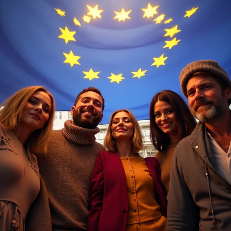 A diverse group of people standing together under a European flag, representing unity and cooperation within the EU despite challenges.