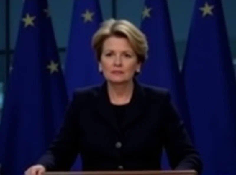 Ursula von der Leyen speaking at a podium with EU flags in the background.