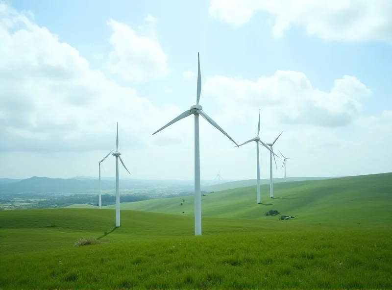 A wind turbine farm with a cloudy sky in the background.