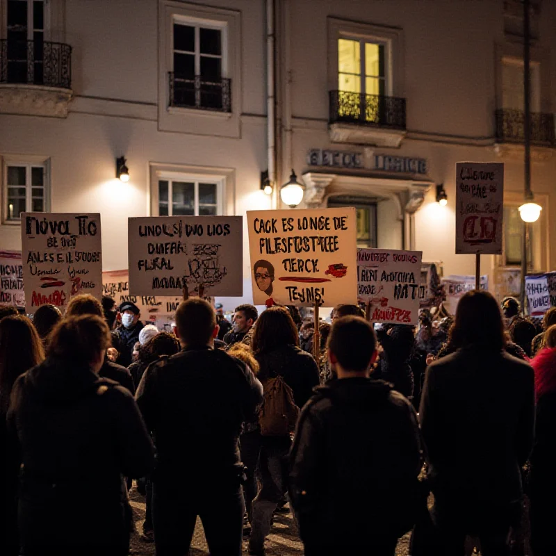 A protest scene outside the Gaîté-Lyrique cultural venue in Paris.