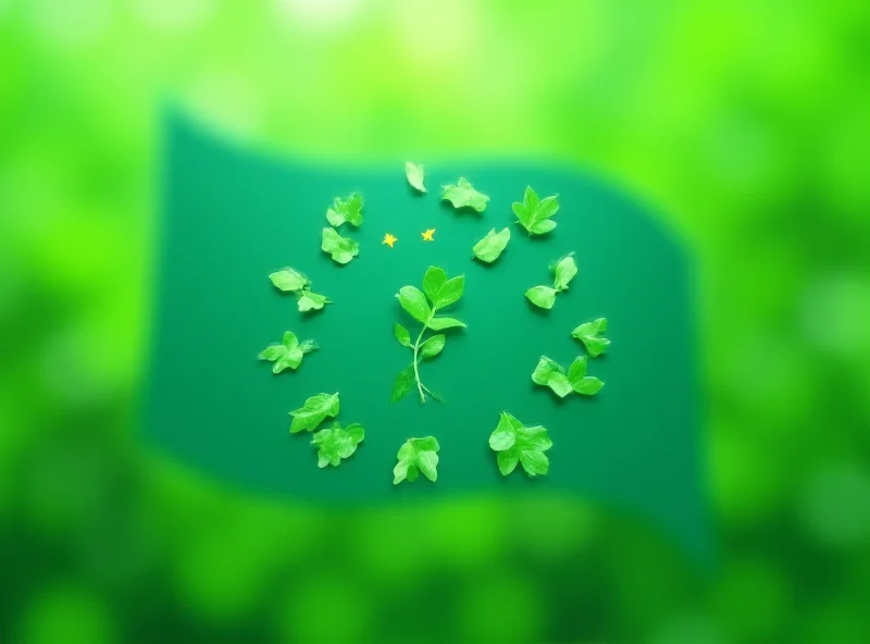 Illustration of the EU flag with green leaves growing around it, symbolizing environmental protection and energy transition.