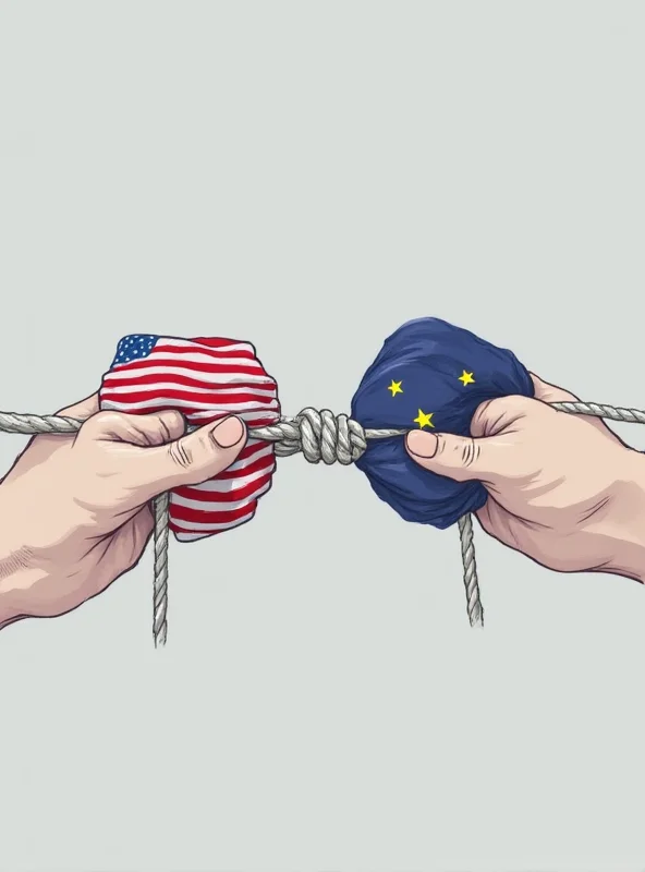 A digital illustration showing two hands, one with the US flag and the other with the EU flag, pulling on opposite ends of a rope, representing trade tensions.