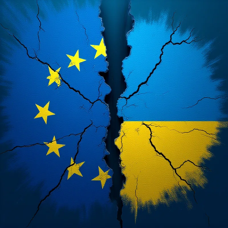 Conceptual image representing the EU flag and the Ukrainian flag merging, but with cracks appearing, symbolizing the potential challenges and concerns surrounding Ukraine's EU membership.