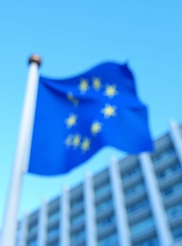 European Union flag waving in front of the Berlaymont building in Brussels, symbolizing the EU's headquarters.