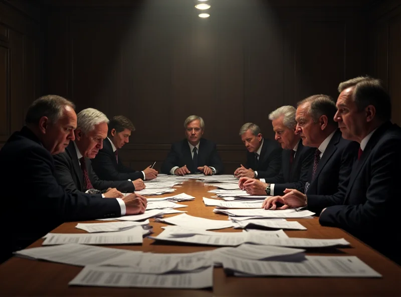 A tense meeting between European Union leaders, showing serious expressions and documents on the table, symbolizing the challenges they face.