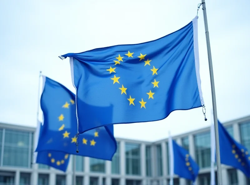 European flags waving outside a government building