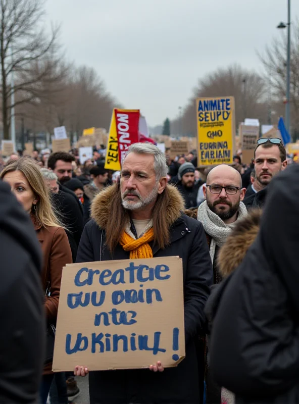 A group of protestors holding signs and banners calling for peace in Ukraine and European security autonomy.