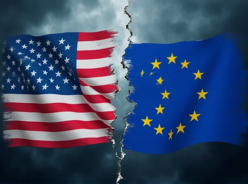 A split image with the US flag on one side and the EU flag on the other, slightly faded, symbolizing the growing divide between the two entities.