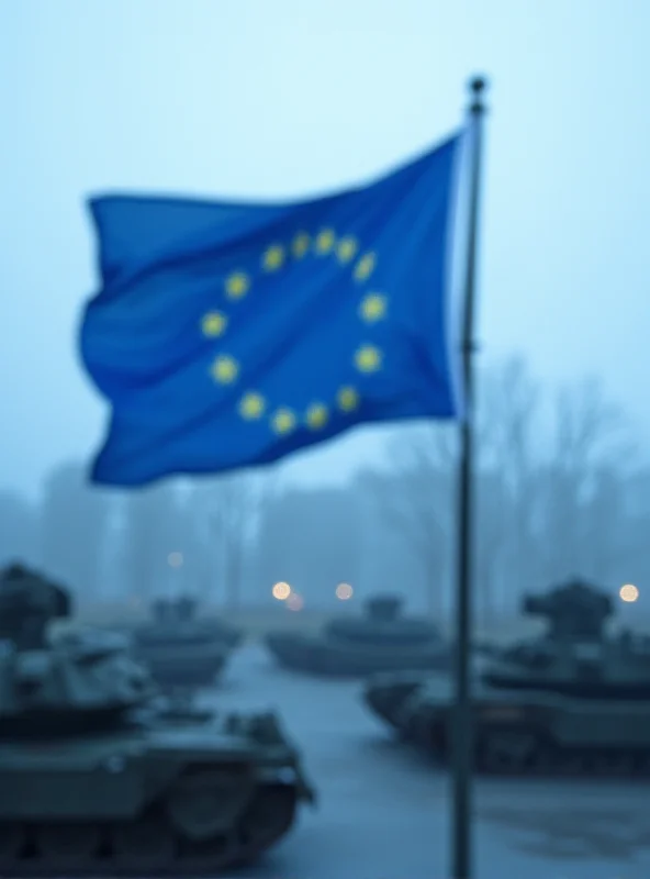 EU flag with military equipment in the background