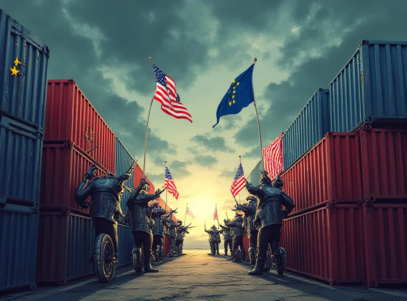 A symbolic representation of a trade war, with two stylized armies facing each other, one representing the EU and the other representing the United States, composed of shipping containers and currency symbols.