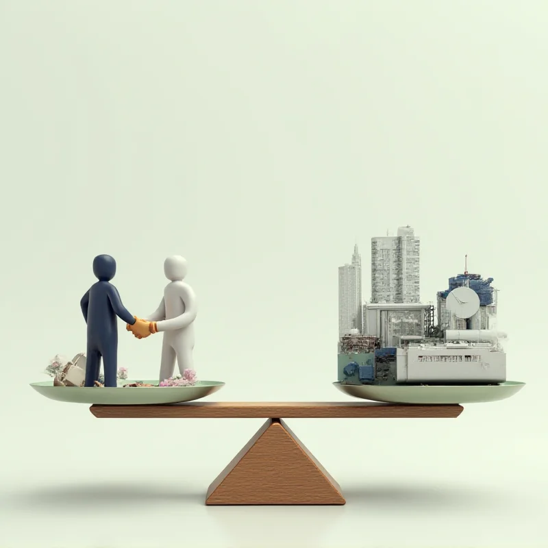 A visual metaphor showing a balanced scale, with trade negotiations on one side and regional development projects on the other, symbolizing the EU's need to balance external and internal economic priorities.