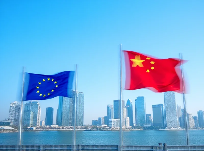 EU and Chinese flags waving in front of a modern city skyline