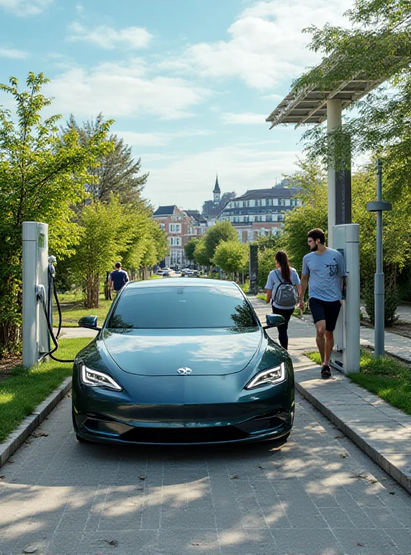 A modern electric car charging at a public charging station in a European city, with solar panels visible in the background.