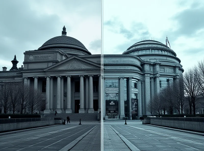 A split image showing a German Bundestag building on one side and the European Parliament building in Brussels on the other side.