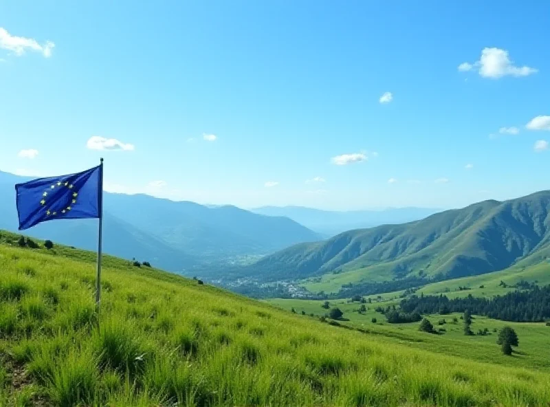 European Union flag waving in front of a Montenegrin landscape.