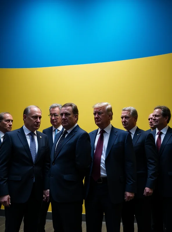 A group of European leaders standing together in a show of unity, with the Ukrainian flag prominently displayed.