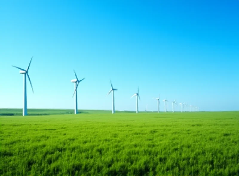 Wind turbines in a field with a clear blue sky.