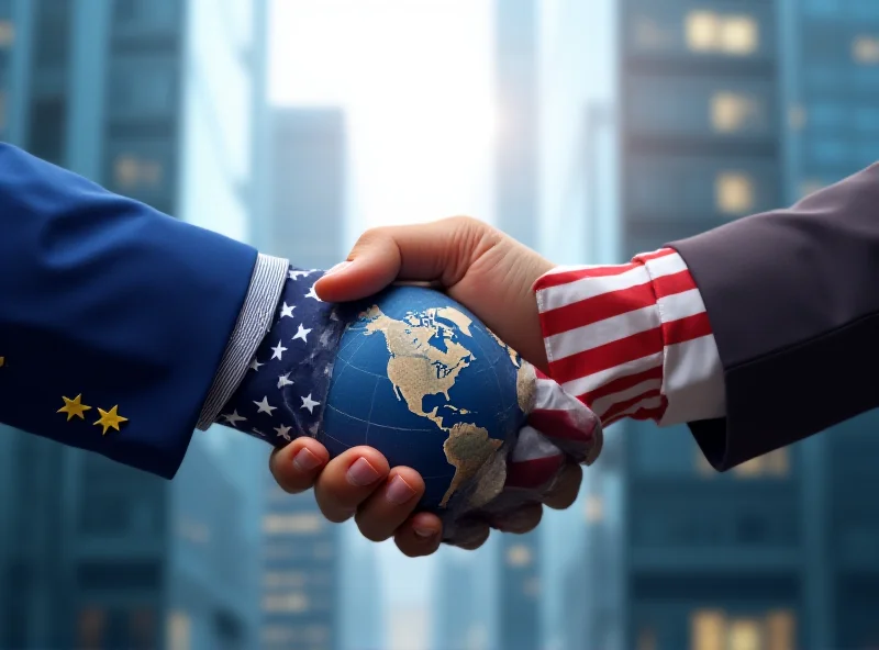 EU Flag and US Flag shaking hands, concept of trade agreement.