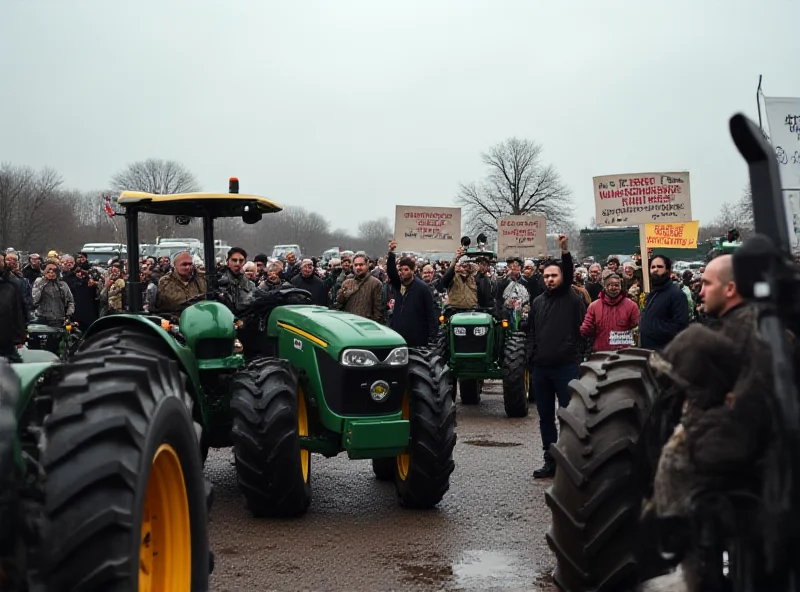 Farmers protesting with tractors at a border crossing, holding signs and flags.